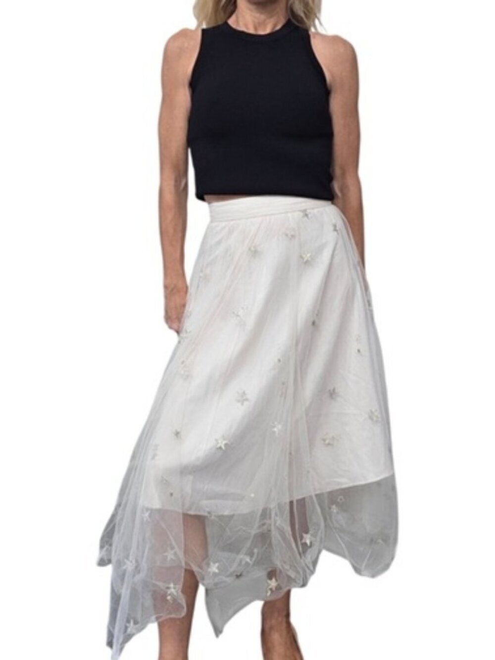 Jenny Yoo Collection Ivory Star Embroidered Tulle Midi Skirt Size 0 - Picture 1 of 10